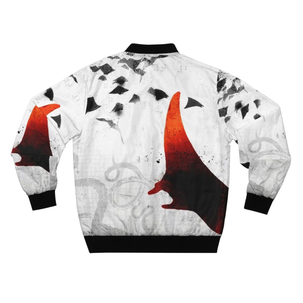 A red bomber jacket with a collage-style design featuring elements of sealife and a gritty, deep-sea aesthetic. - Back