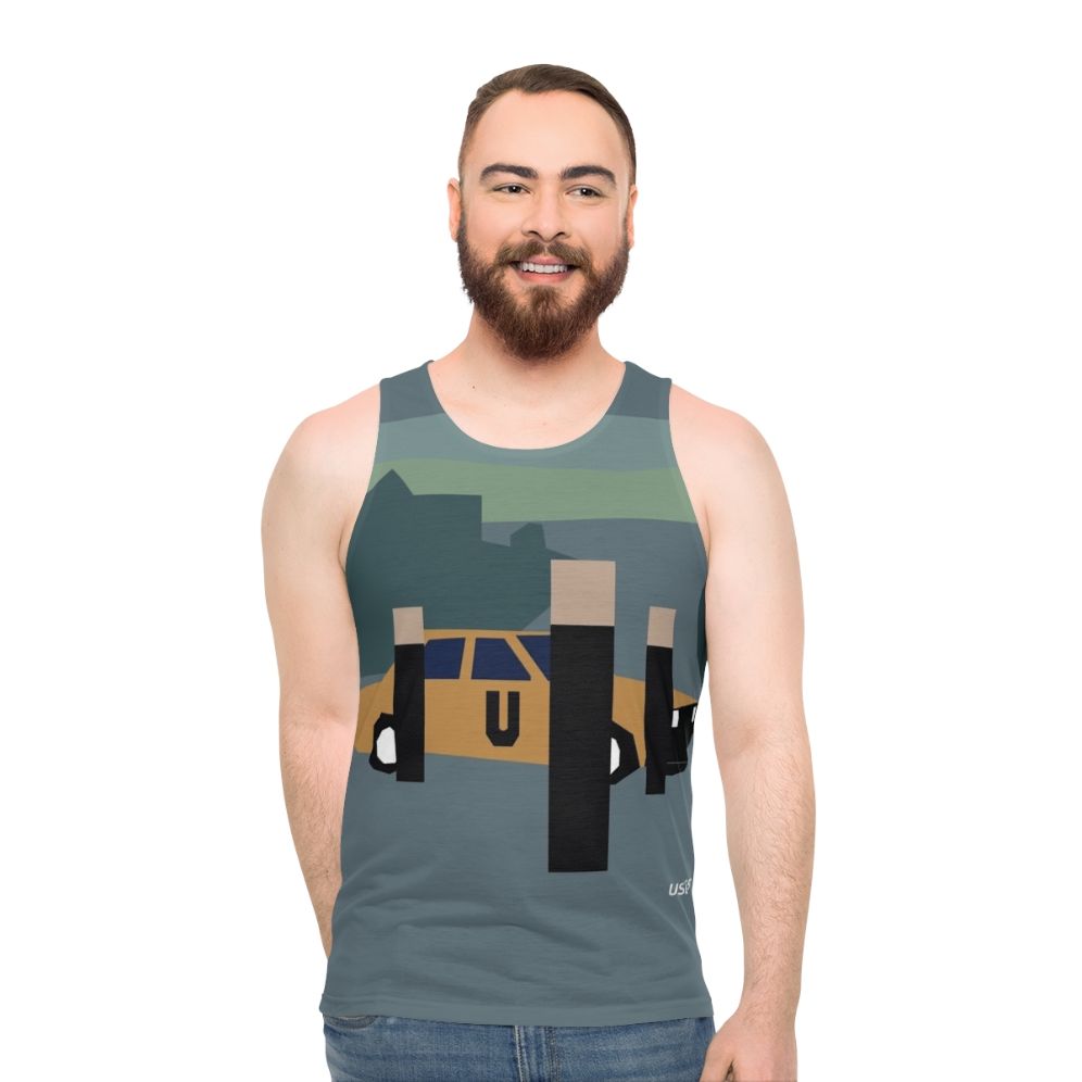 Minimalist unisex tank top with retro electronic music design - men