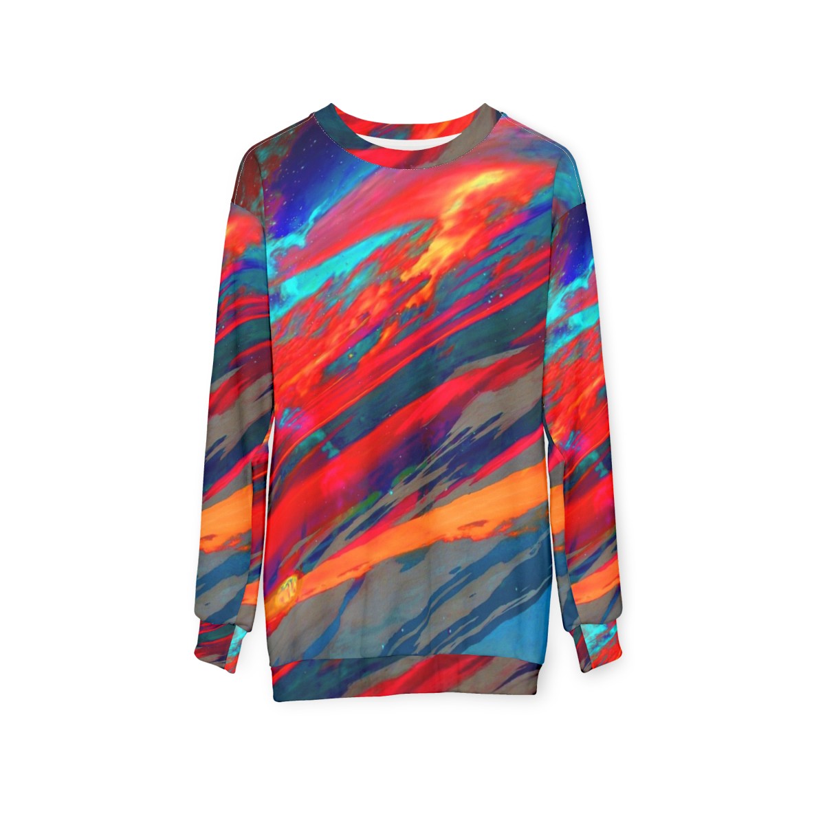 Cosmic Nebula Sweatshirt featuring a vibrant galaxy design - hanging