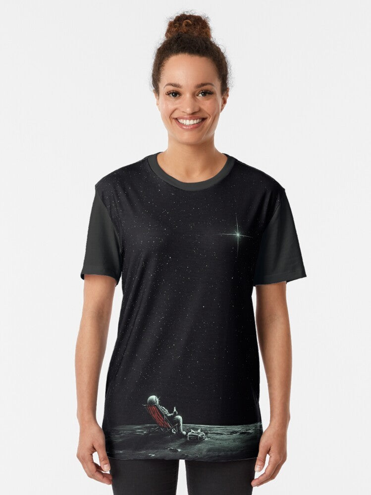 Stylish graphic t-shirt featuring a surreal space and astronomy-inspired design - Women