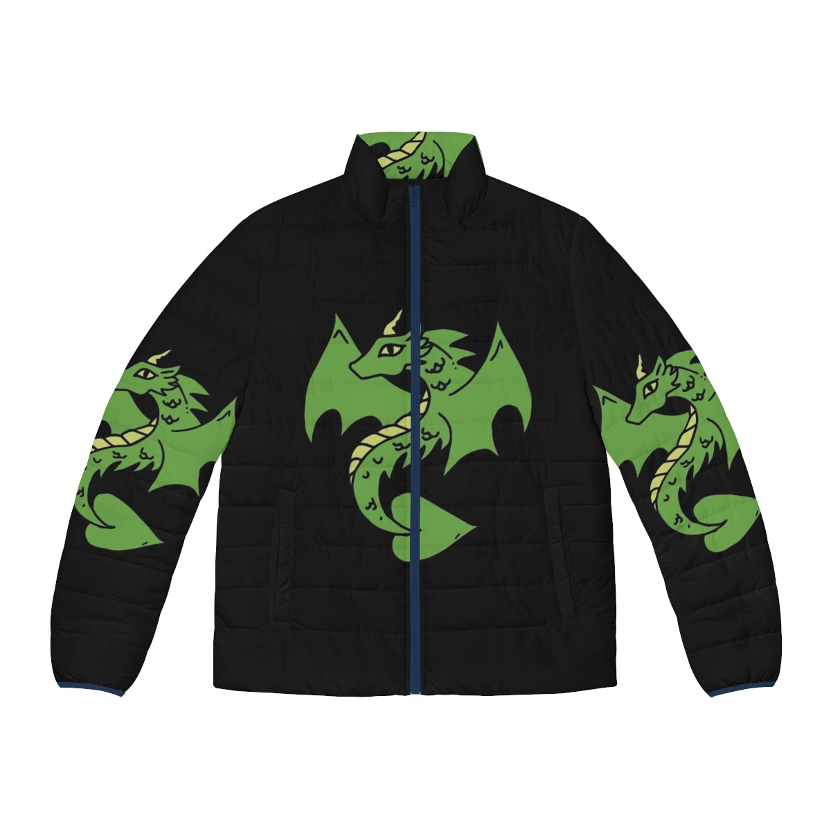 A stylish green dragon puffer jacket for fantasy and geek enthusiasts