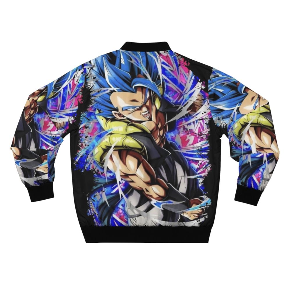 A bomber jacket featuring the character Gogeta from the Dragon Ball Z anime series in his blue super saiyan form. - Back