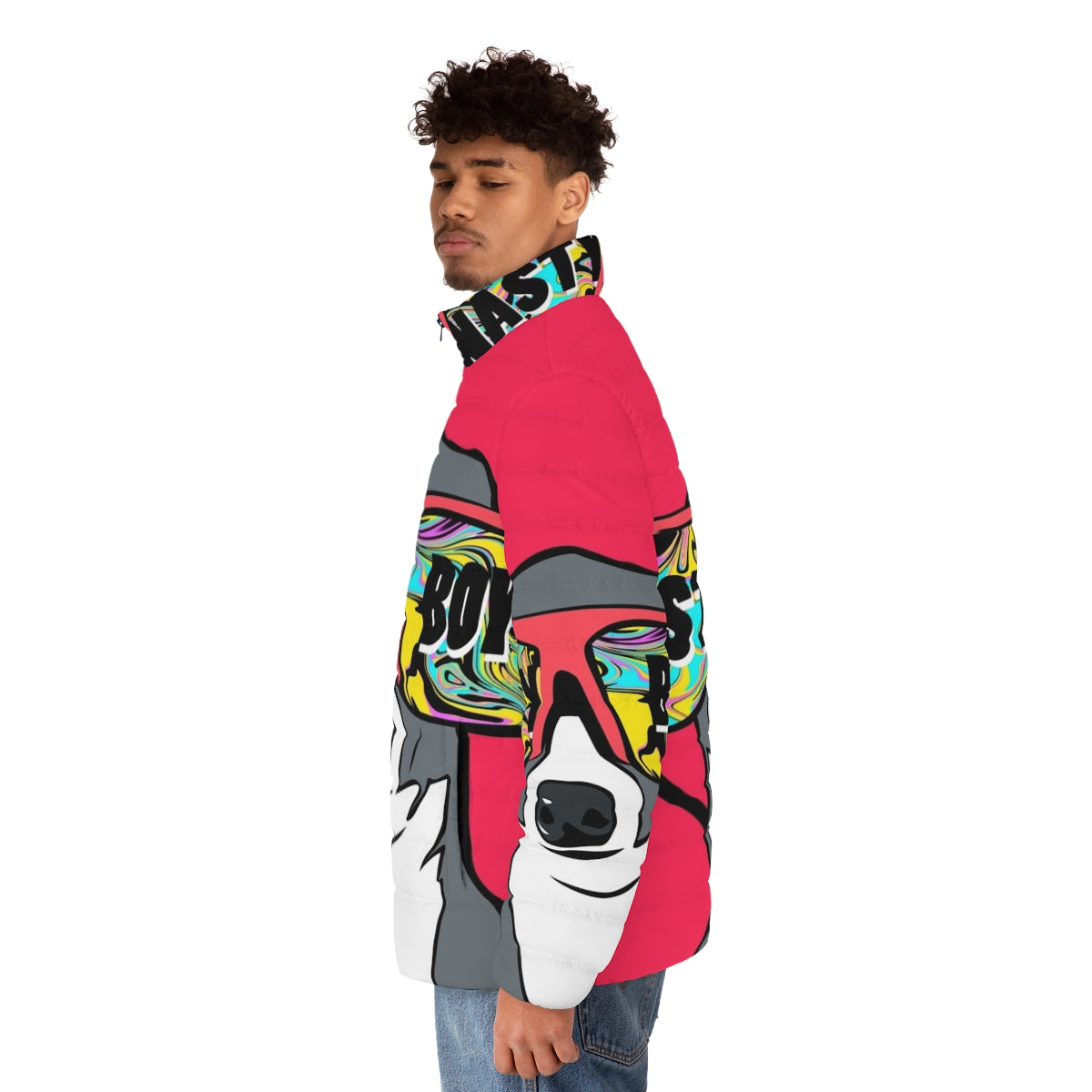 Kermit the Frog inspired puffer jacket with a cute dog design - men side left