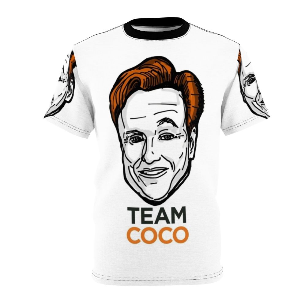 Conan O'Brien inspired All Over Print t-shirt featuring his distinctive eyebrows and "Team Coco" branding