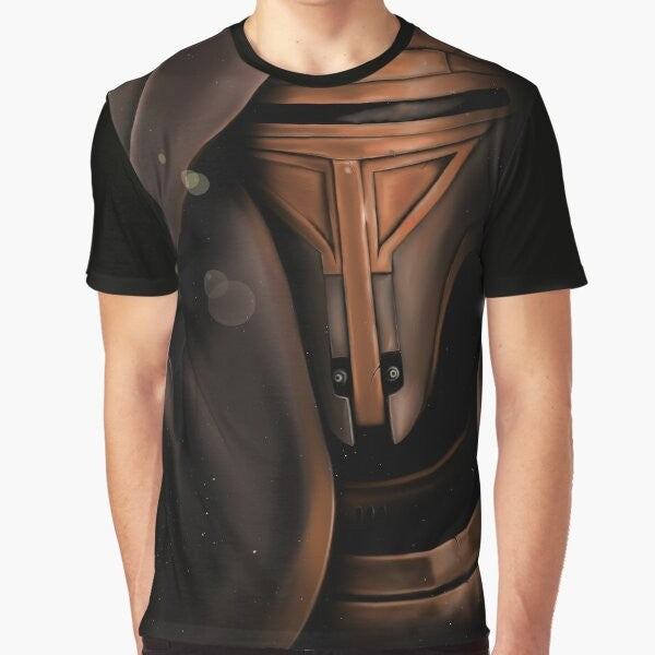 Graphic t-shirt featuring a portrait of Darth Revan, a legendary Sith Lord from the Star Wars: Knights of the Old Republic video game series.