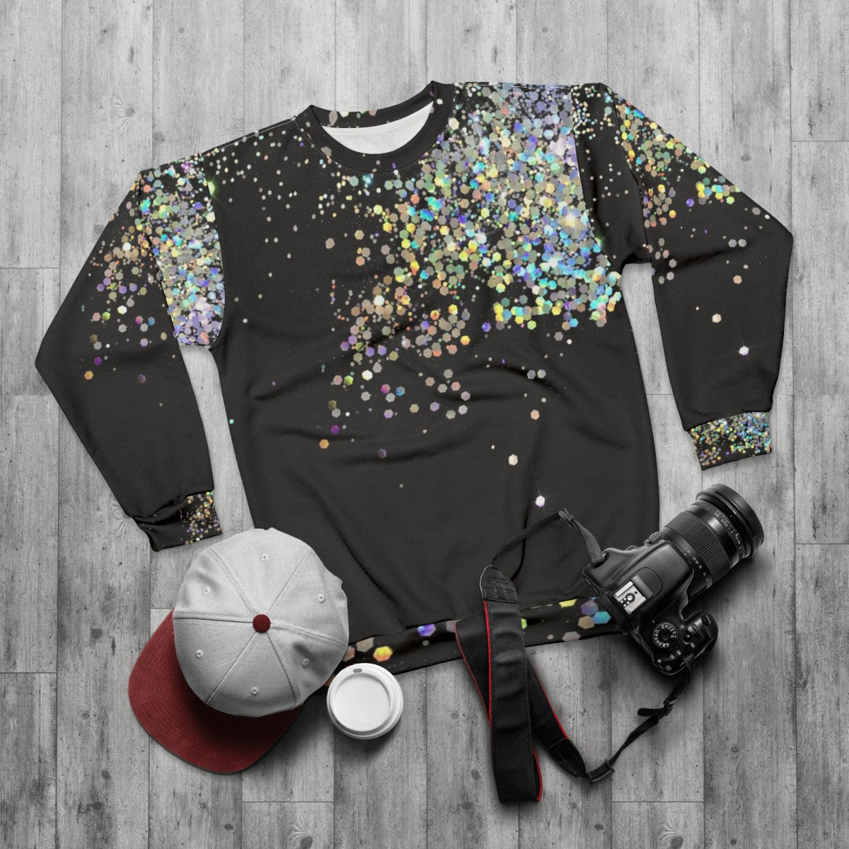 Black holographic sparkle sweatshirt for modern, trendy fashion - flat lay