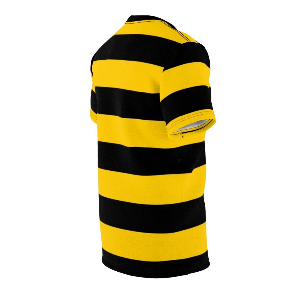 A high-quality all-over print t-shirt featuring a stylized bee pattern with black and yellow striped background. - men right