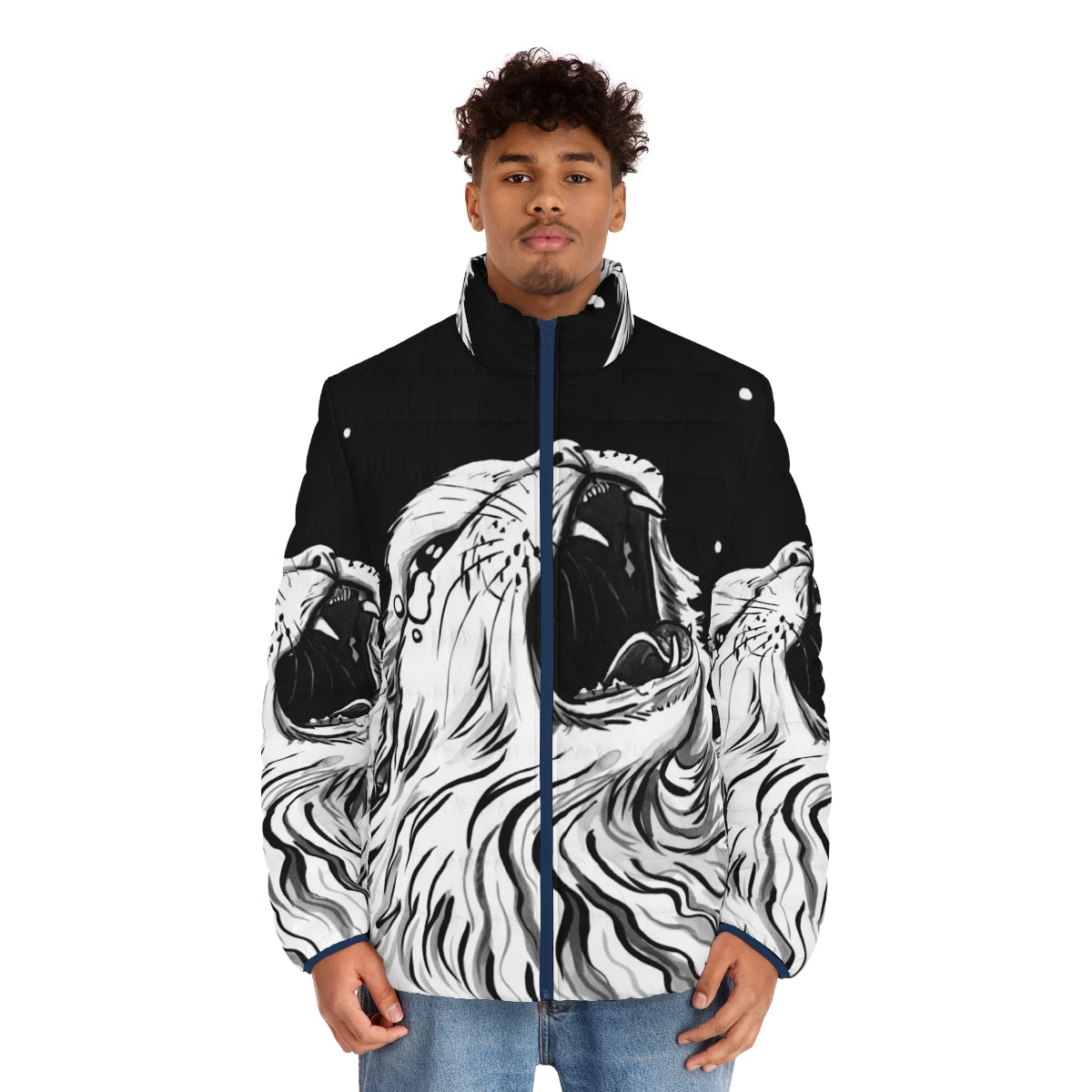 Thurston the screaming cat printed on a black puffer jacket - men front