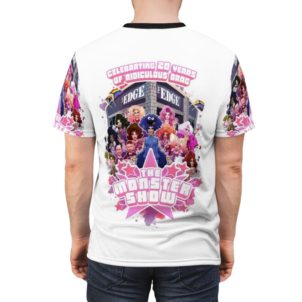 20th anniversary t-shirt featuring a drag performance design in honor of the iconic Monster Show in San Francisco - men back