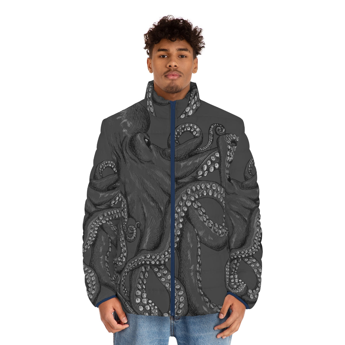 Realistic octopus two-tone puffer jacket featuring intricate line art and ink design - men front