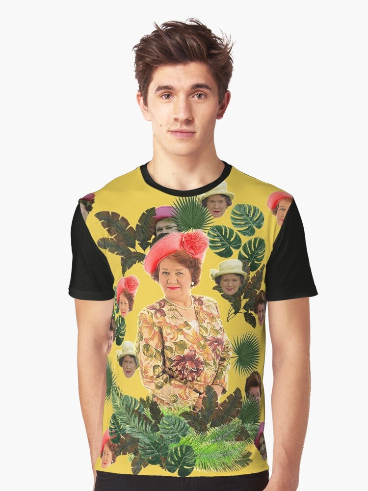 A graphic t-shirt featuring the iconic character Hyacinth Bucket from the British TV series "Keeping Up Appearances". - Men