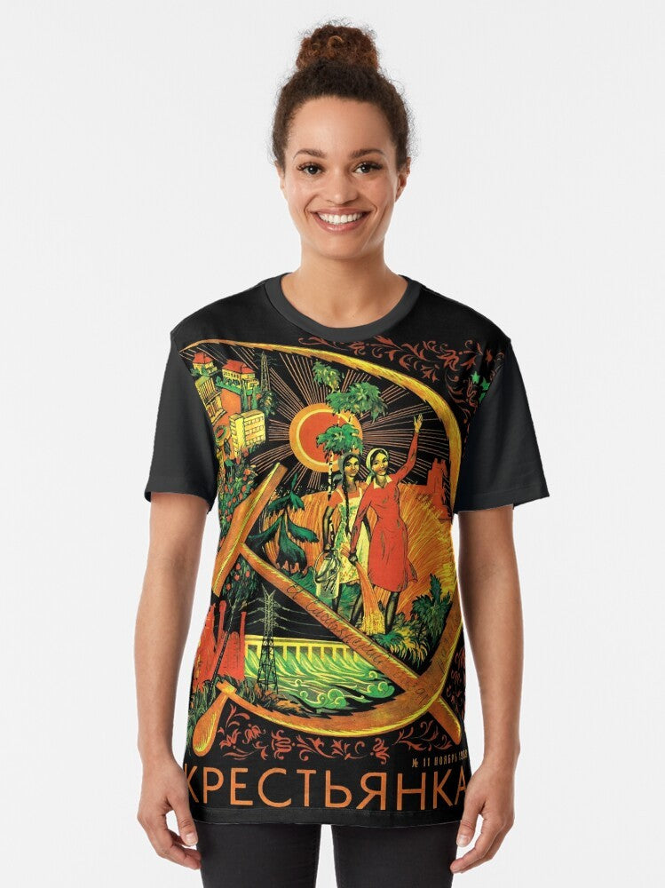 Graphic t-shirt featuring the cover of Peasant Woman magazine from November 1969, with communist and socialist imagery like the hammer and sickle. - Women