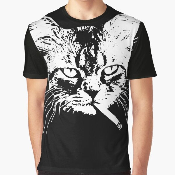 Tabby cat smoking a cigarette graphic design on a t-shirt for pastel goth and occult enthusiasts.