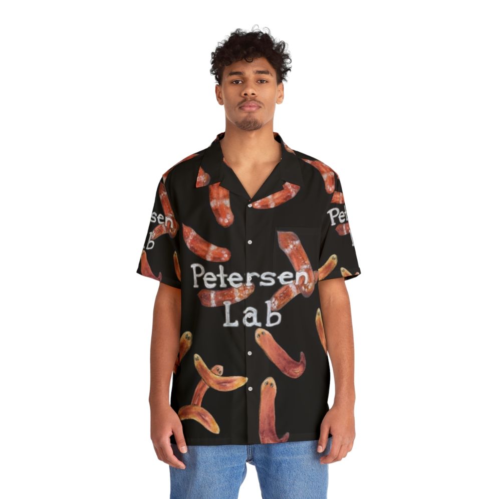 Worm science watercolor design on a Hawaiian shirt - People Front