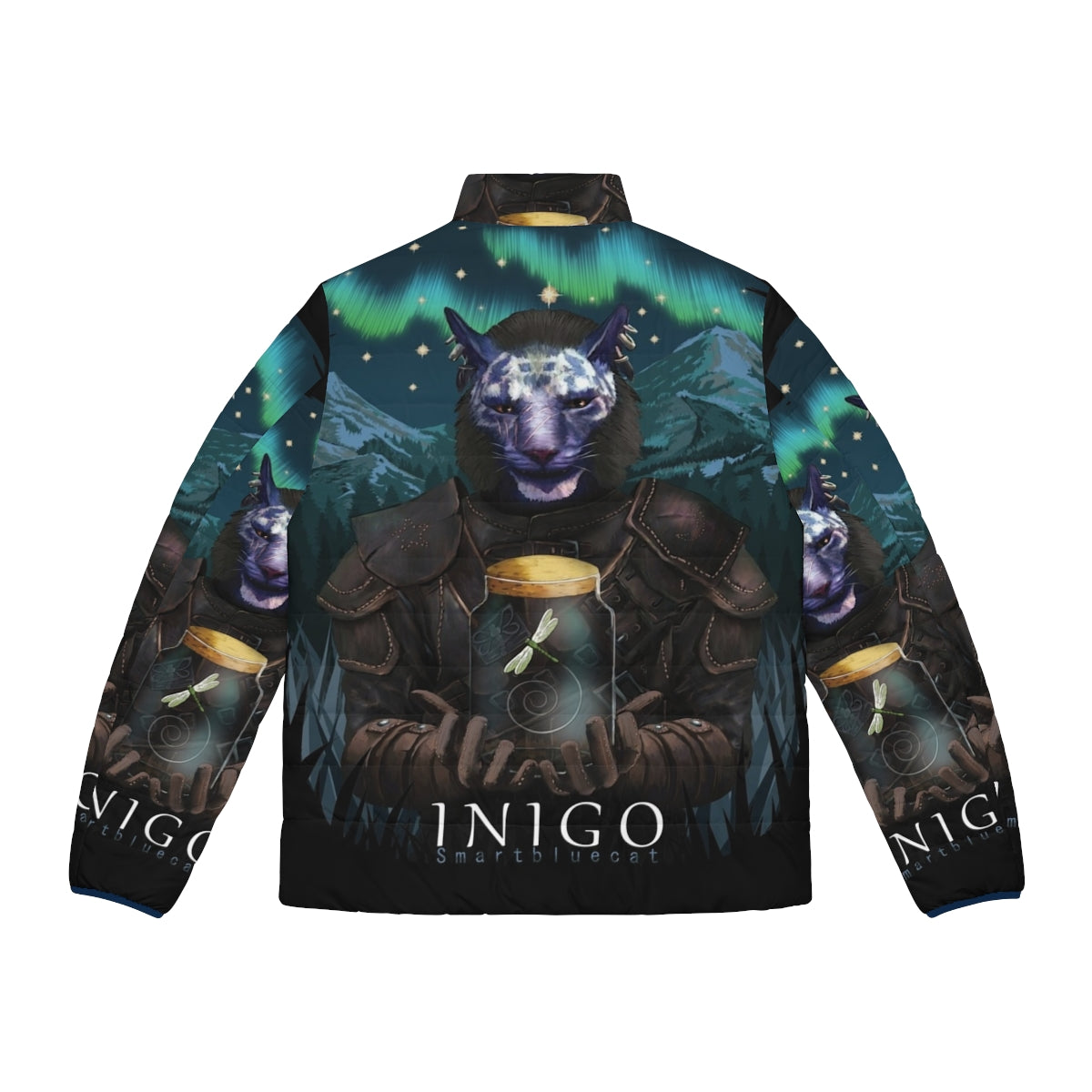 Inigo Caged Puffer Jacket featuring the iconic Smart Blue Cat character from Skyrim - Back