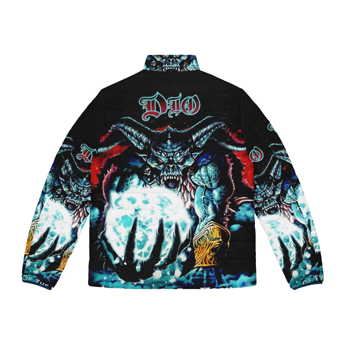 A puffer jacket featuring a metalhead design with a moon and demonic elements - Back