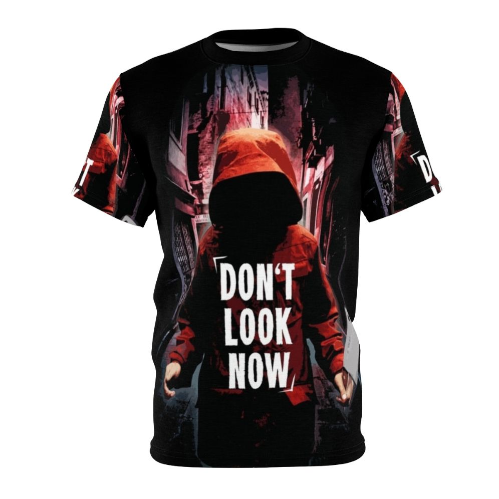 Eerie "Don't Look Now" inspired t-shirt design with dark and creepy gothic elements