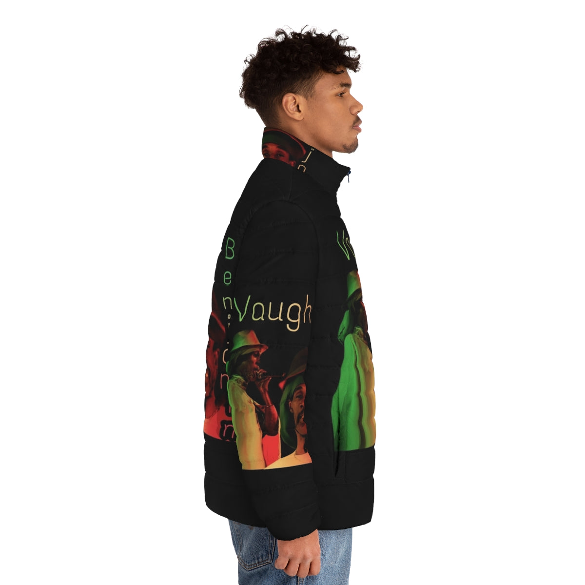 Vaughn Benjamin Midnite Puffer Jacket with reggae and rastafarian design elements - men side right