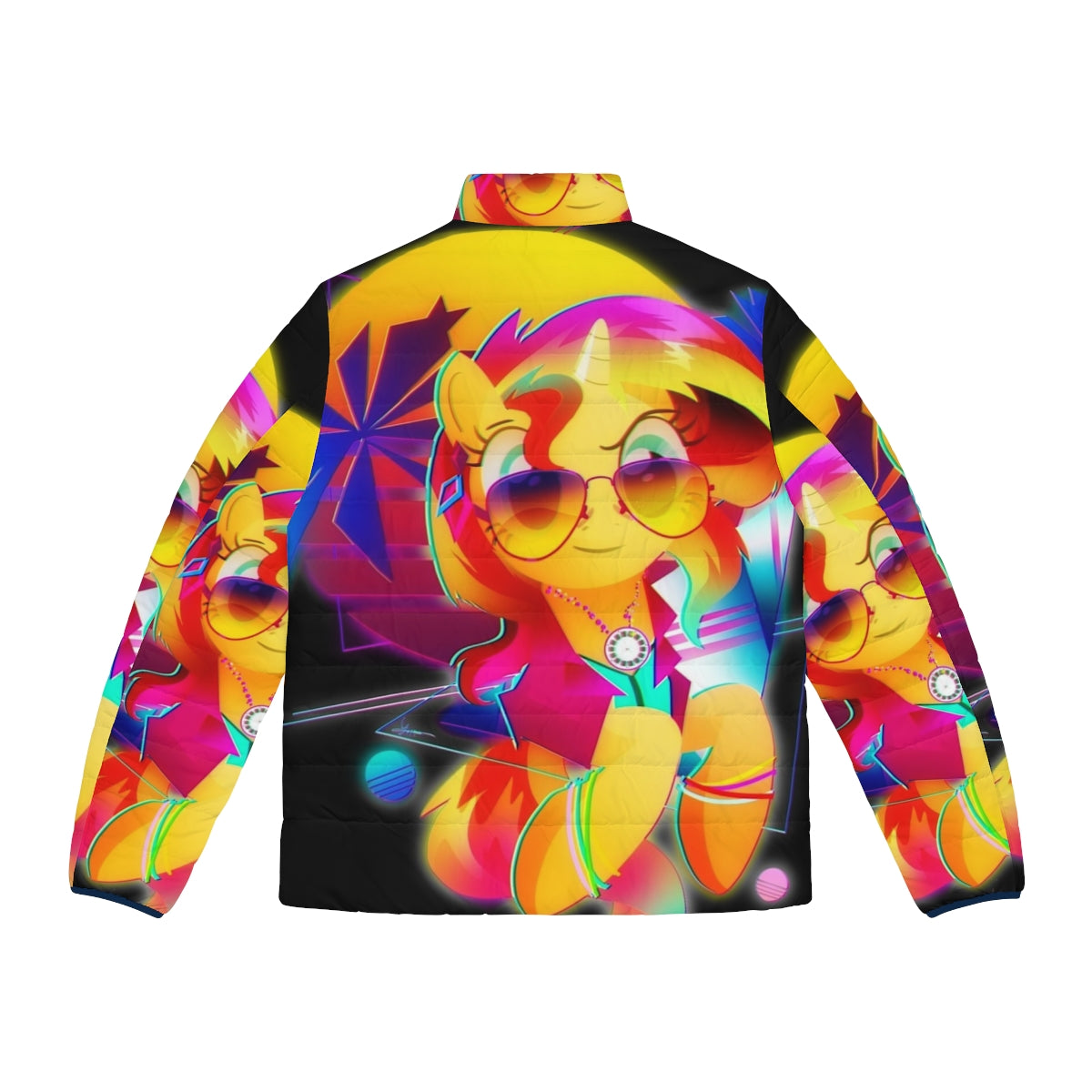 Sunset Shimmer inspired synthwave puffer jacket with retro 80s neon vaporwave design - Back