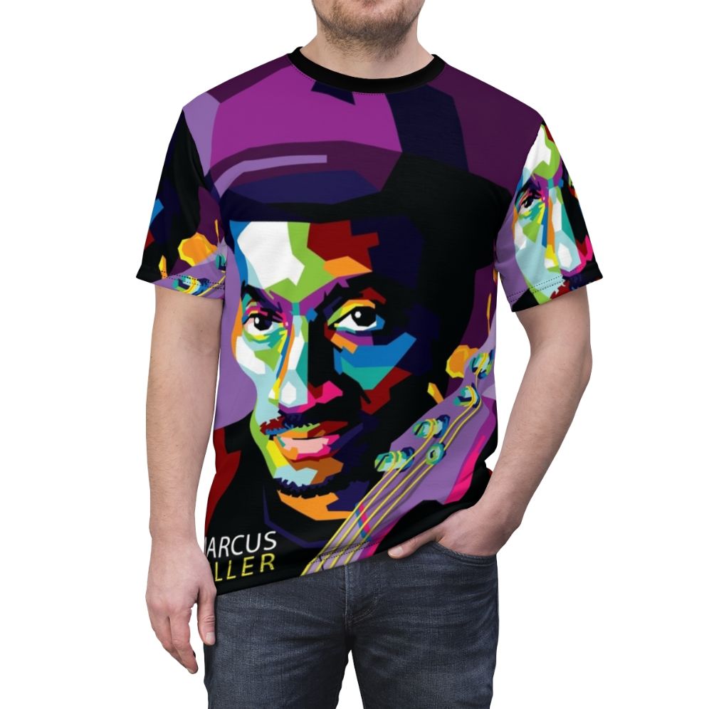 Retro pop art illustration of famous jazz musician Marcus Miller on a high-quality t-shirt - men front