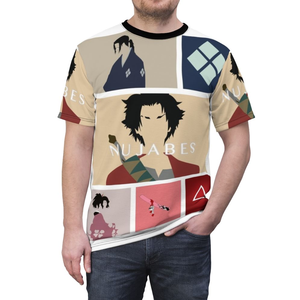 Samurai inspired Champloo anime t-shirt design featuring Mugen, Jin, and Fuu - men front