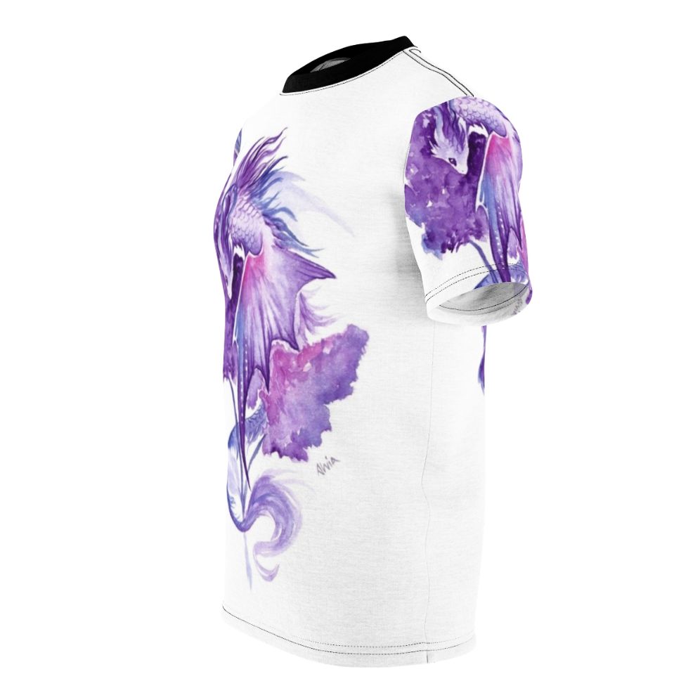 Watercolor illustration of a lilac flower dragon on a t-shirt - men left