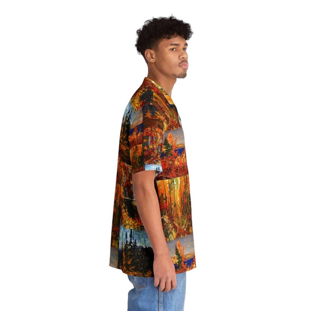 Vibrant autumn leaves and trees on a Hawaiian shirt inspired by the Group of Seven's nature paintings - People Pight