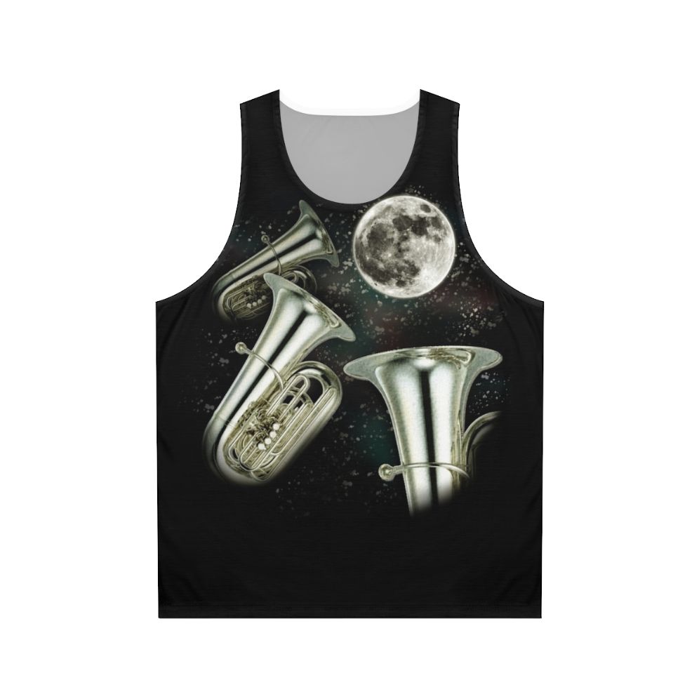 Unisex tank top with three-moon design and brass instruments