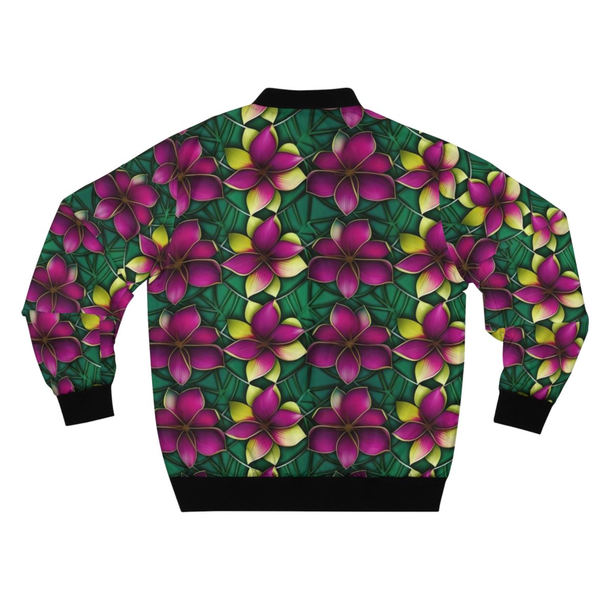 Colorful plumeria flower print on a vibrant bomber jacket - Back