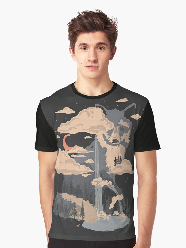 Graphic t-shirt design featuring a scenic nature landscape with a waterfall, pond, and fox in the mountains - Men