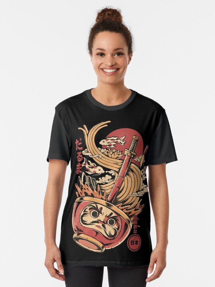 Daruma's Ramen Graphic T-Shirt featuring a Japanese inspired design with a Daruma doll and ramen noodles - Women