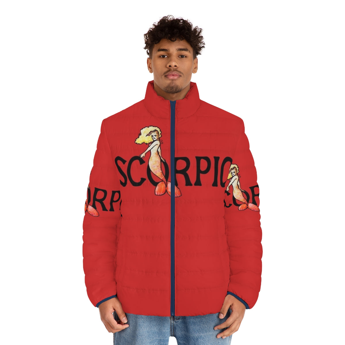 Scorpio mermaid puffer jacket featuring a unique zodiac-inspired design - men front