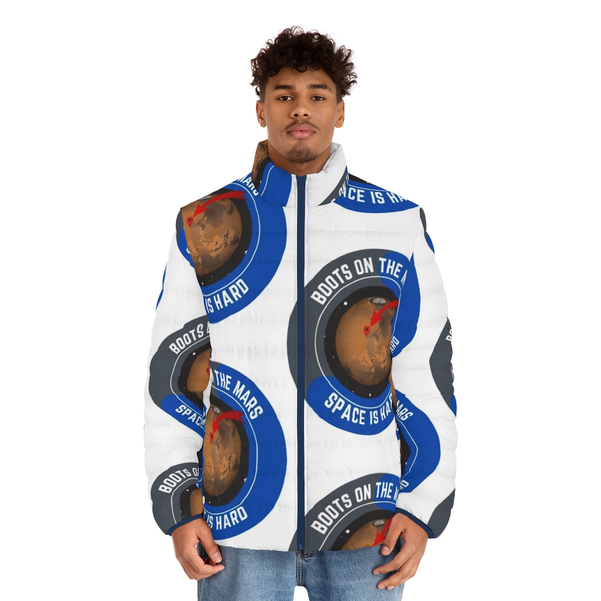 Space Force inspired puffer jacket with moon and mars graphics - men front