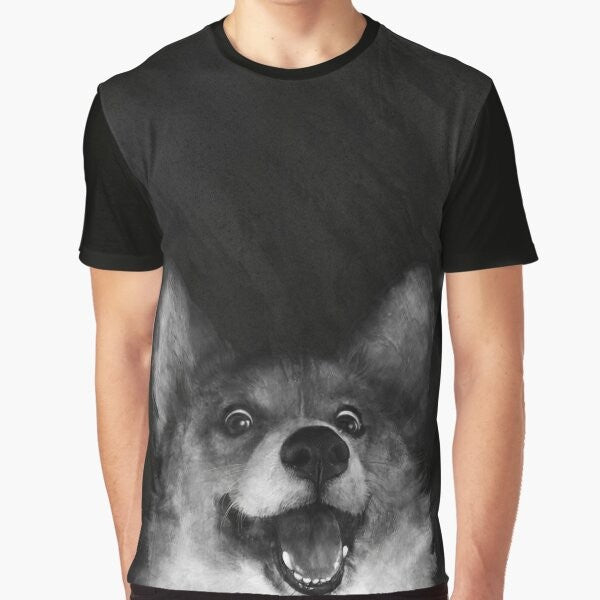 Adorable black and white corgi wearing a sausage fox graphic design