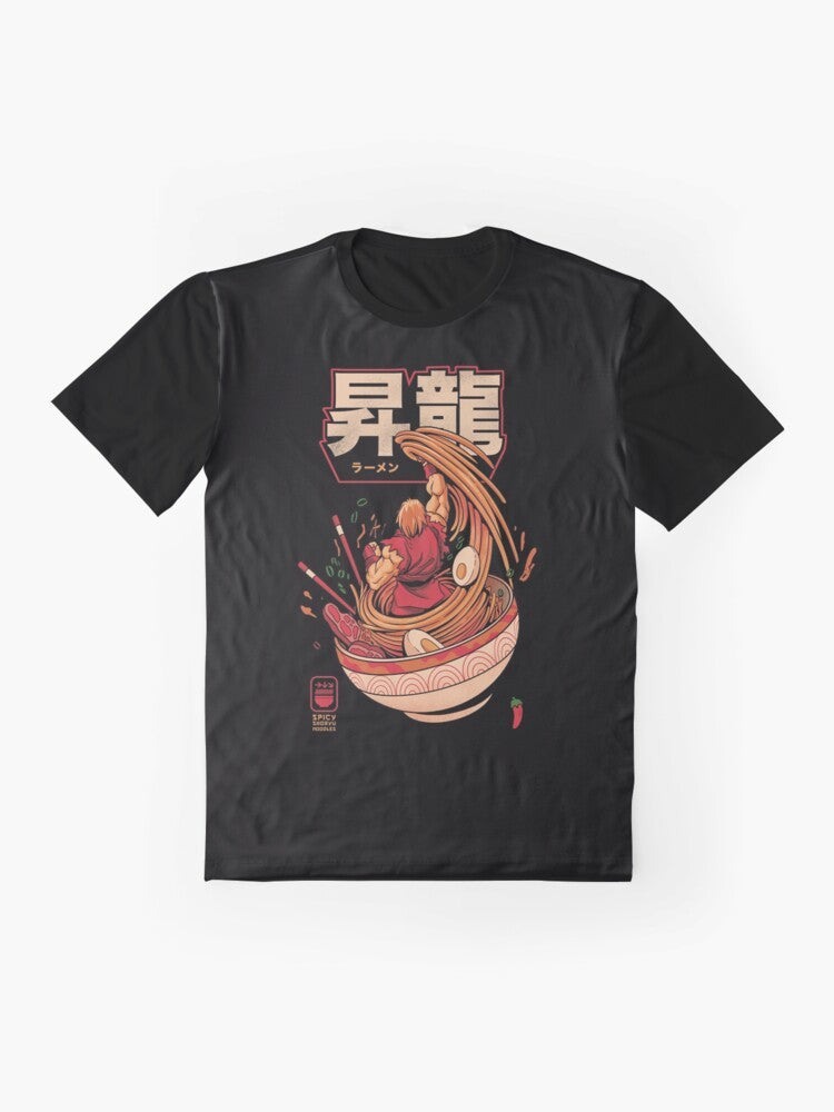 A graphic t-shirt featuring the iconic "Shoryuken" move from the Street Fighter video game series, with a spicy ramen noodle design. - Flat lay