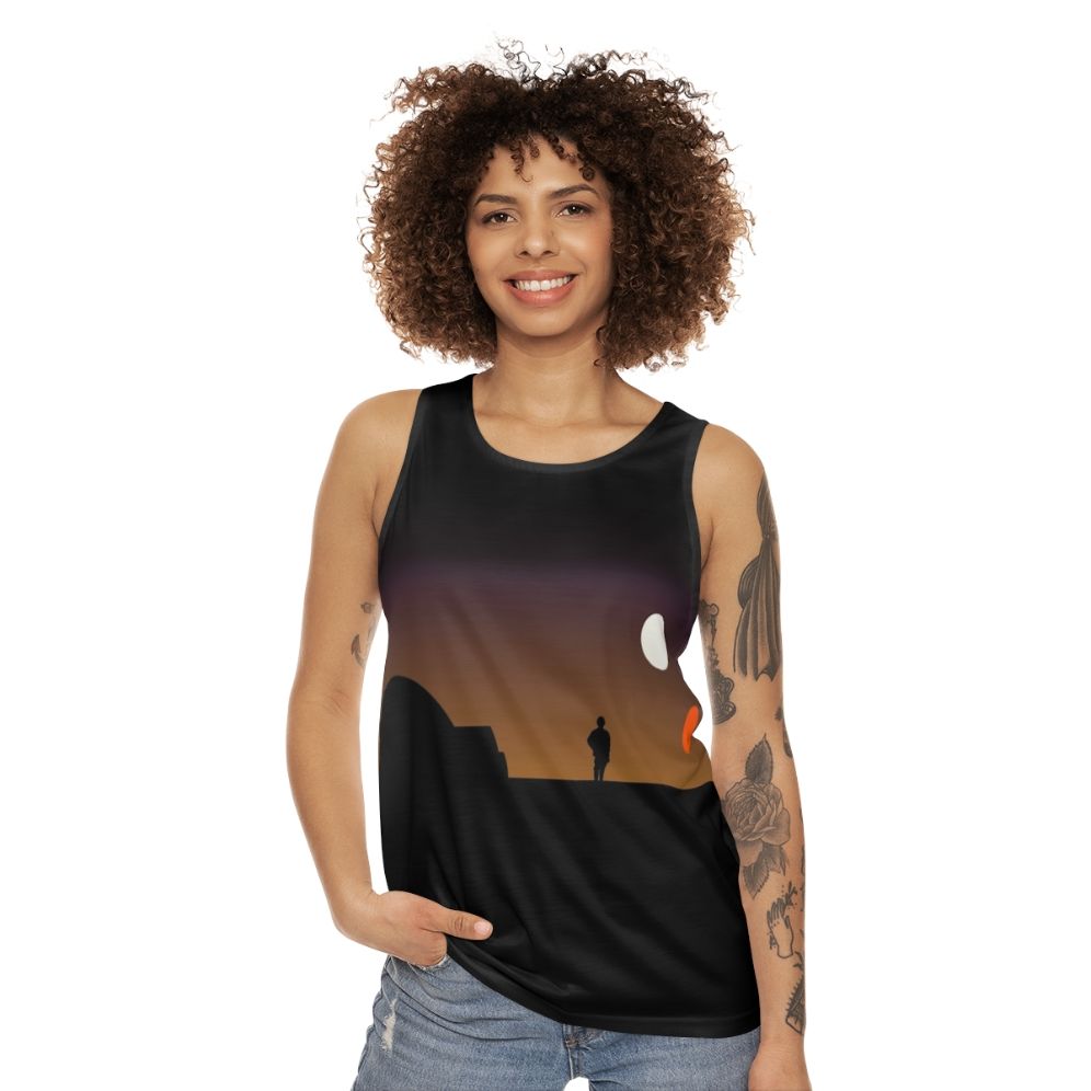 Galaxy-inspired unisex tank top with a sunset graphic design - women