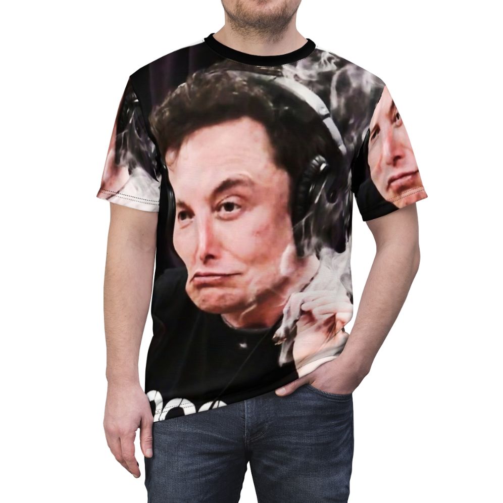 Unofficial Elon Musk inspired t-shirt featuring a meme design of Elon Musk smoking weed - men front