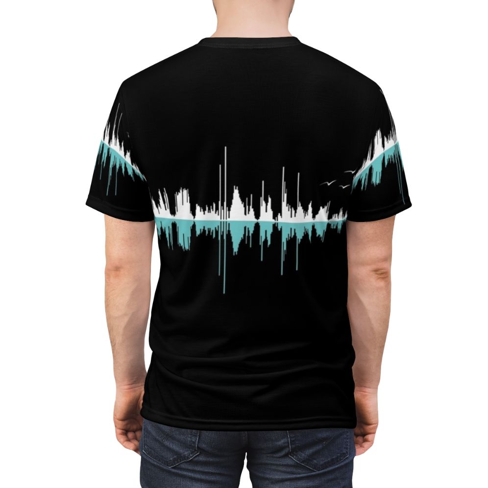 Black and white graphic t-shirt with a sound wave and city skyline design - men back