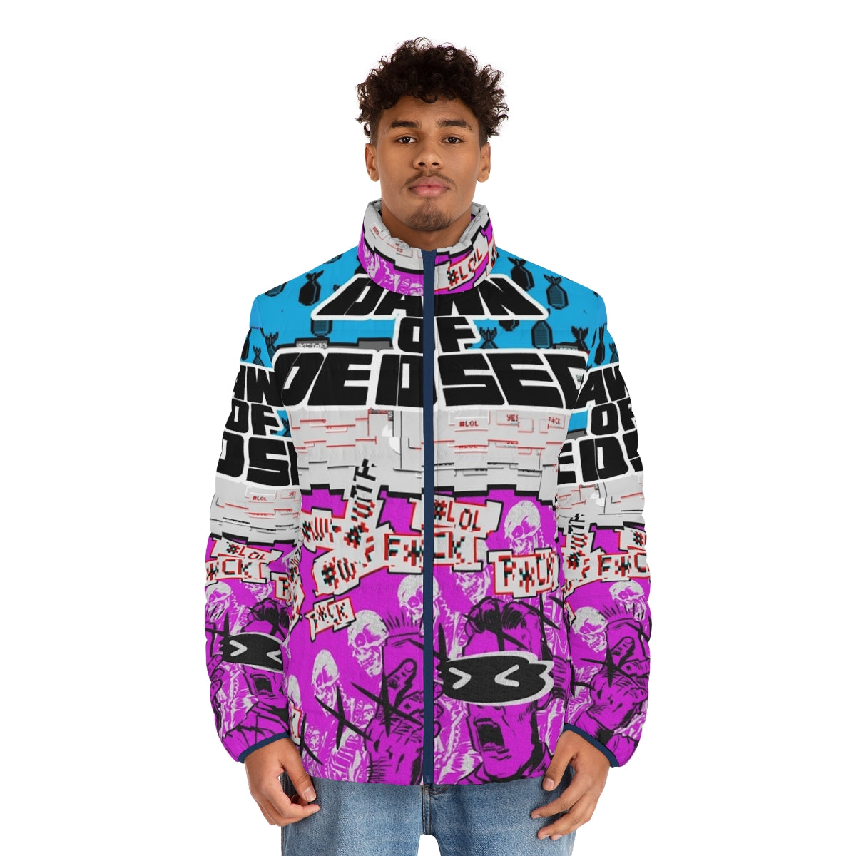 Dawn Of Dedsec Puffer Jacket featuring video game-inspired cyberpunk design - men front