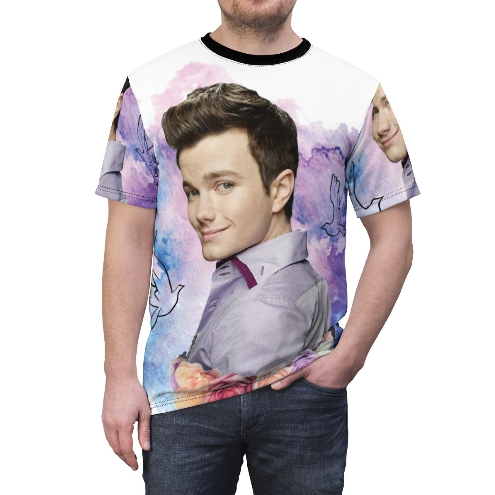 Vibrant water colour t-shirt design featuring characters from the hit TV show Glee, including Kurt Hummel. - men front