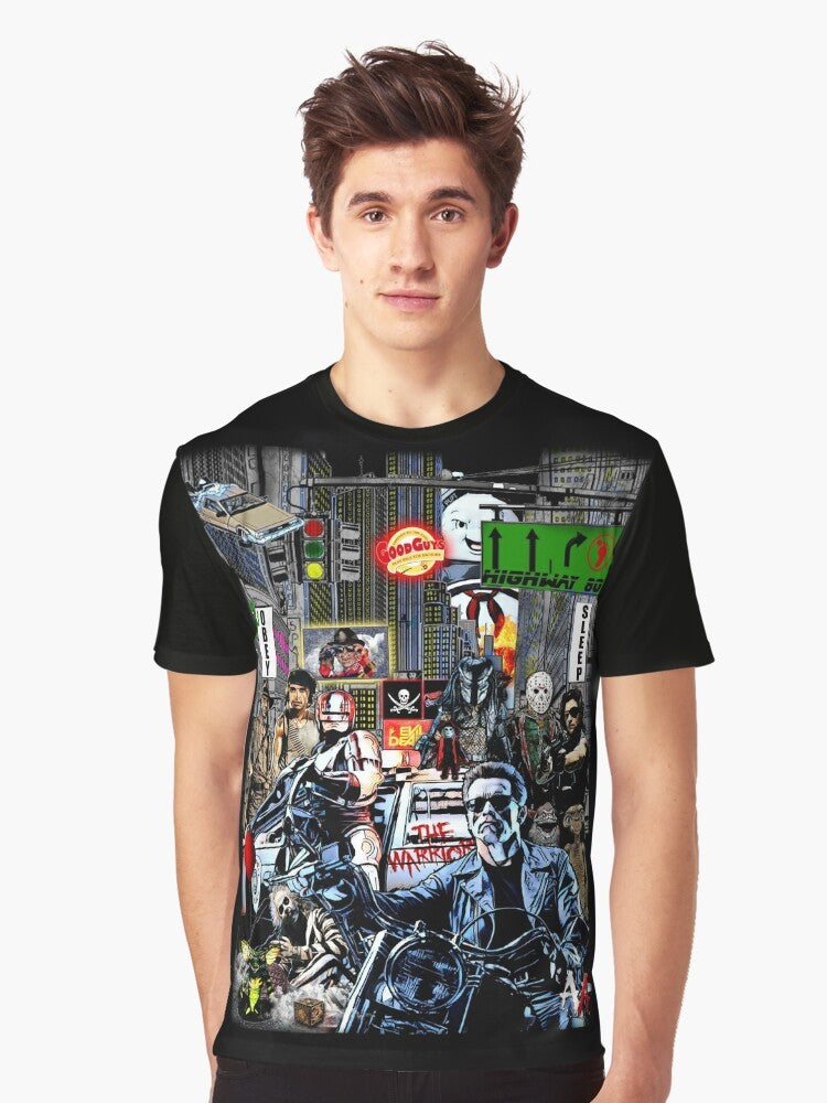 Retro 80s graphic t-shirt featuring a classic 1980s movie design - Men