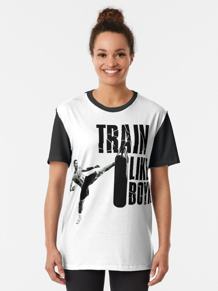 Yuri Boyka inspired graphic t-shirt with text "Train like Boyka" for hardcore training and fitness enthusiasts. - Women