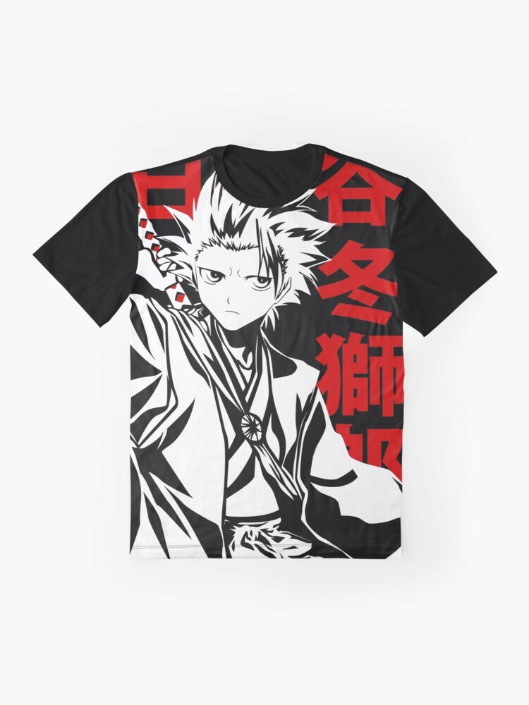 Toshiro Hitsugaya, the 10th Division Captain from the Bleach anime series, featured on a graphic t-shirt design. - Flat lay