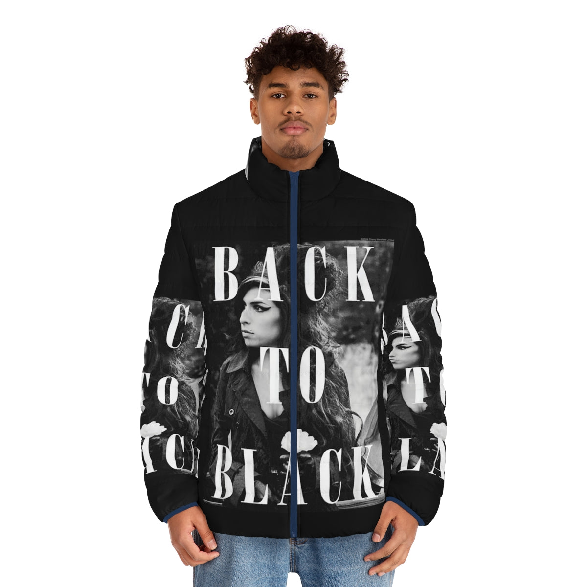 Black puffer jacket with vintage Amy Winehouse soul music inspired design - men front