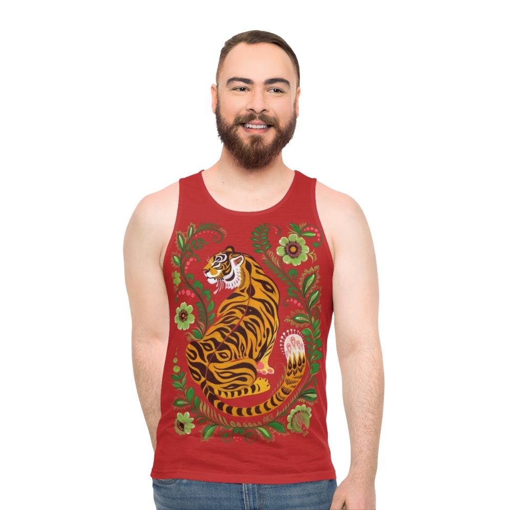 Unisex tank top with vibrant tiger folk art design - men