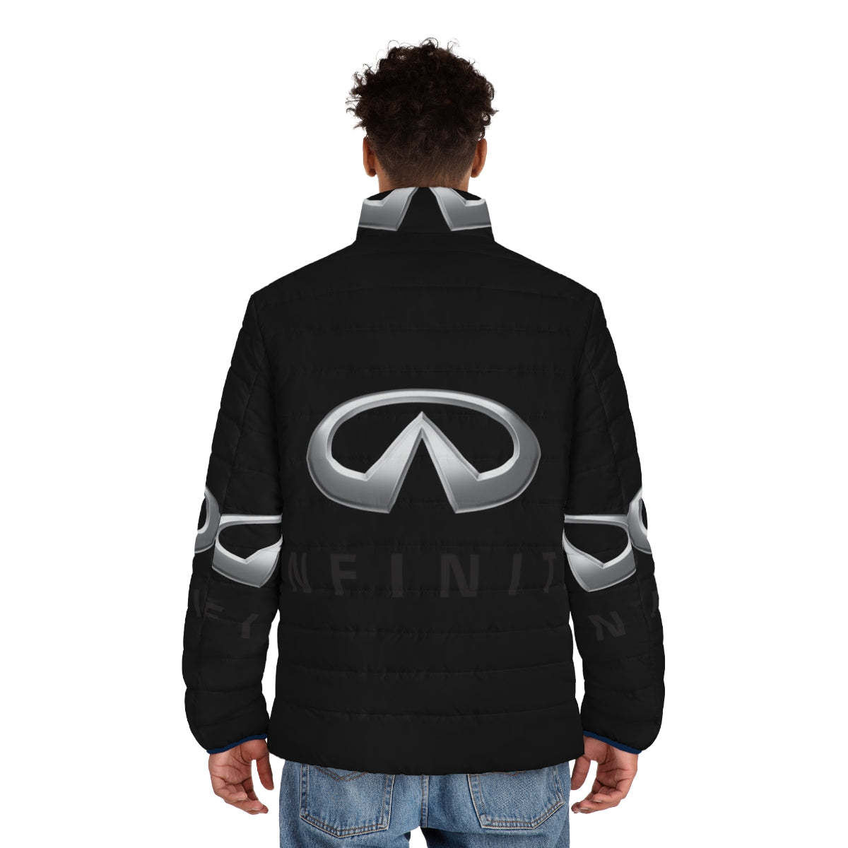 Infiniti car design puffer jacket with car silhouette graphic - men back