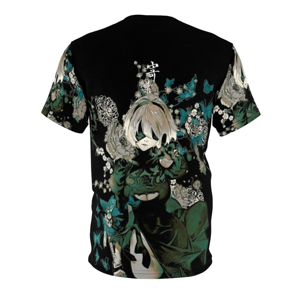 A t-shirt design featuring fantastical butterflies in a dark, garden-like setting, inspired by anime, manga, and the game Nier Automata. - Back