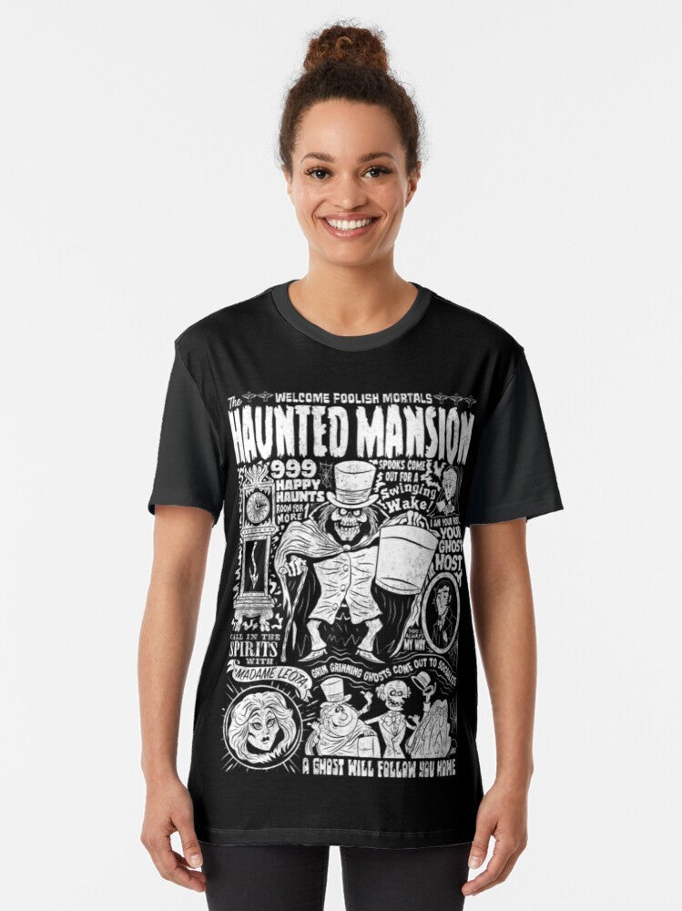 Haunted Mansion t-shirt featuring a spooky graphic design of a haunted house - Women