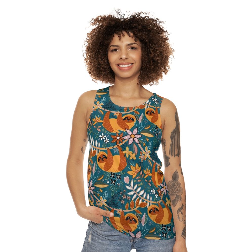 Boho sloth floral teal unisex tank top - women