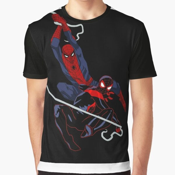 Spider-Man: Into the Spider-Verse inspired graphic t-shirt featuring Peter Parker and Miles Morales